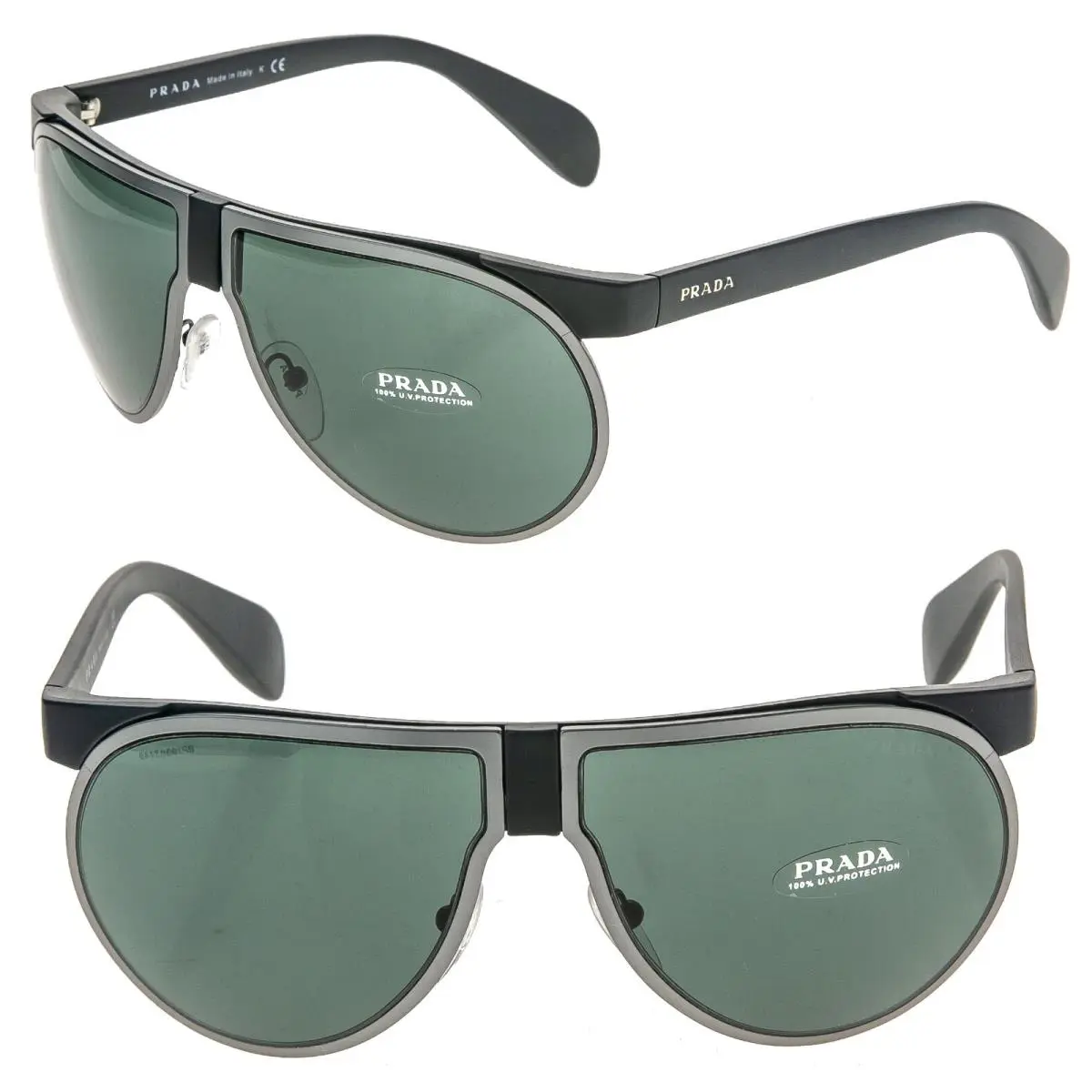 Prada PR23PS Matte Black Green Unisex Teardrop Aviator Logo Sunglasses Spr 23P