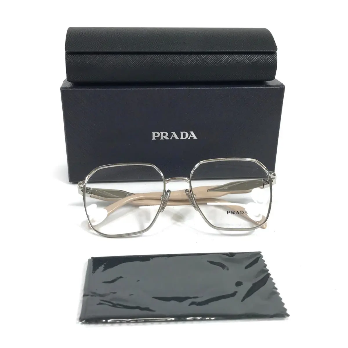 Prada Eyeglasses Frames VPR56Z 1BC-1O1 Silver Cat Eye Full Rim 55-18-140