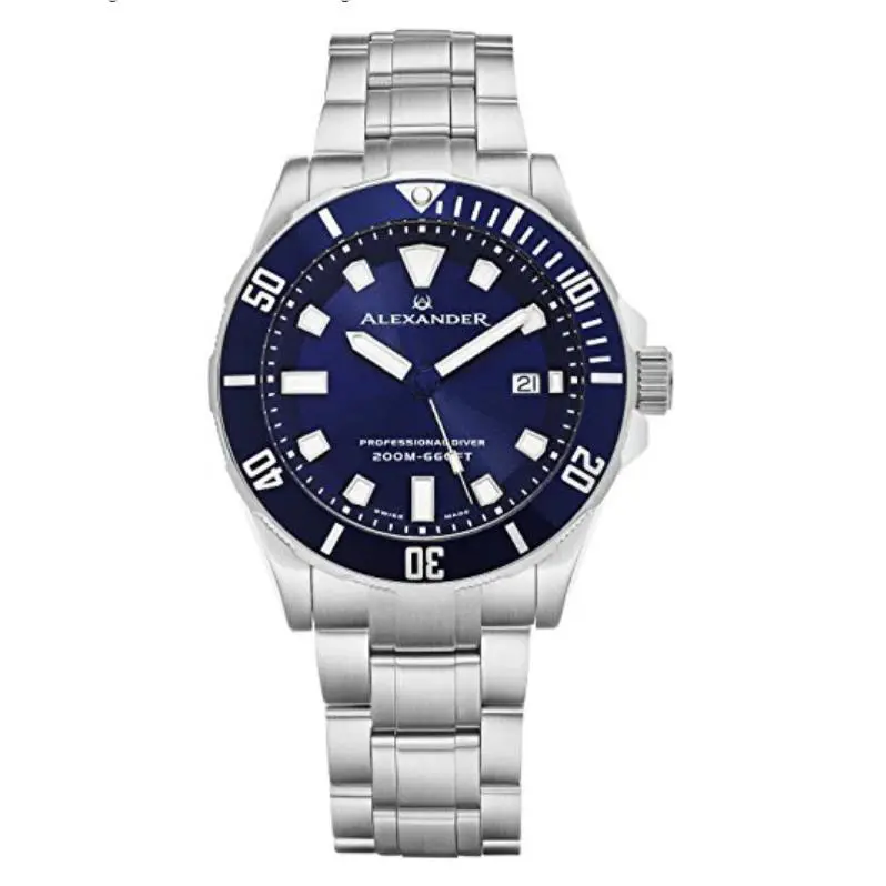 Professional Diver Watch Mens Blue Face Sapphire Crystal 200M Swiss by Alexander