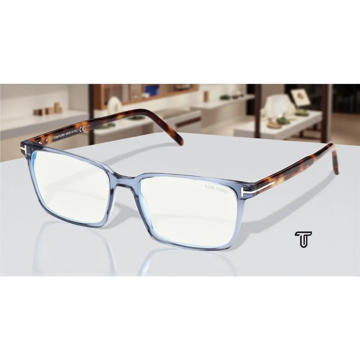 Tom Ford FT5802 B 090 Plastic Shiny Blue Block Lens 53 mm Men`s Eyeglasses