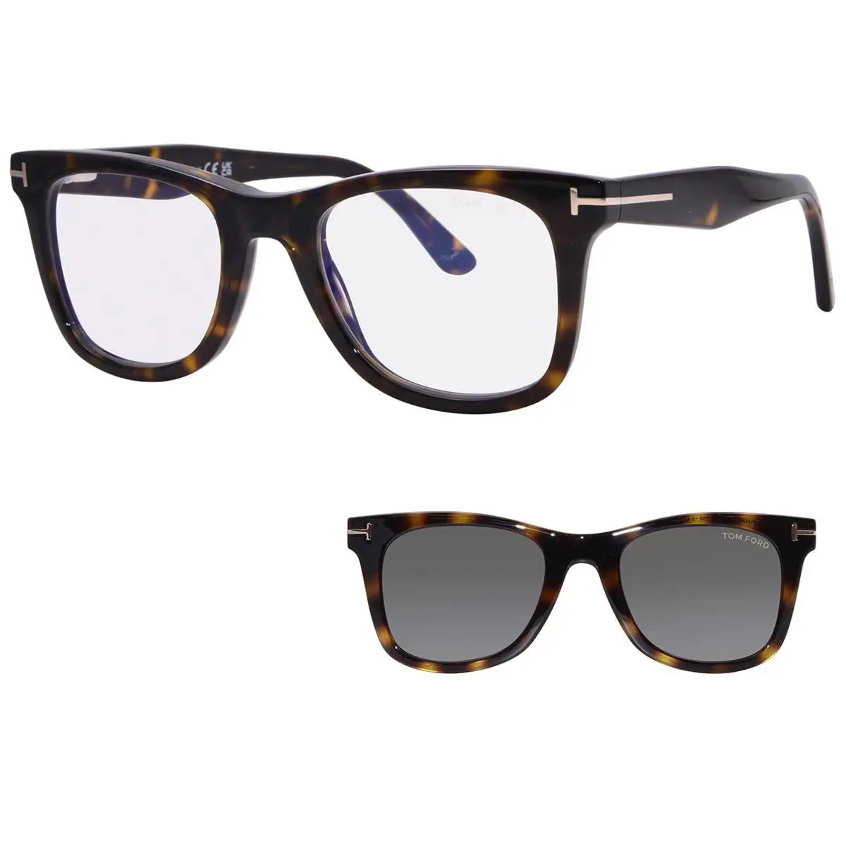 Tom Ford Eyeglasses W/clip On FT5970-B 052 50mm Havana / Blue Light Green Lens