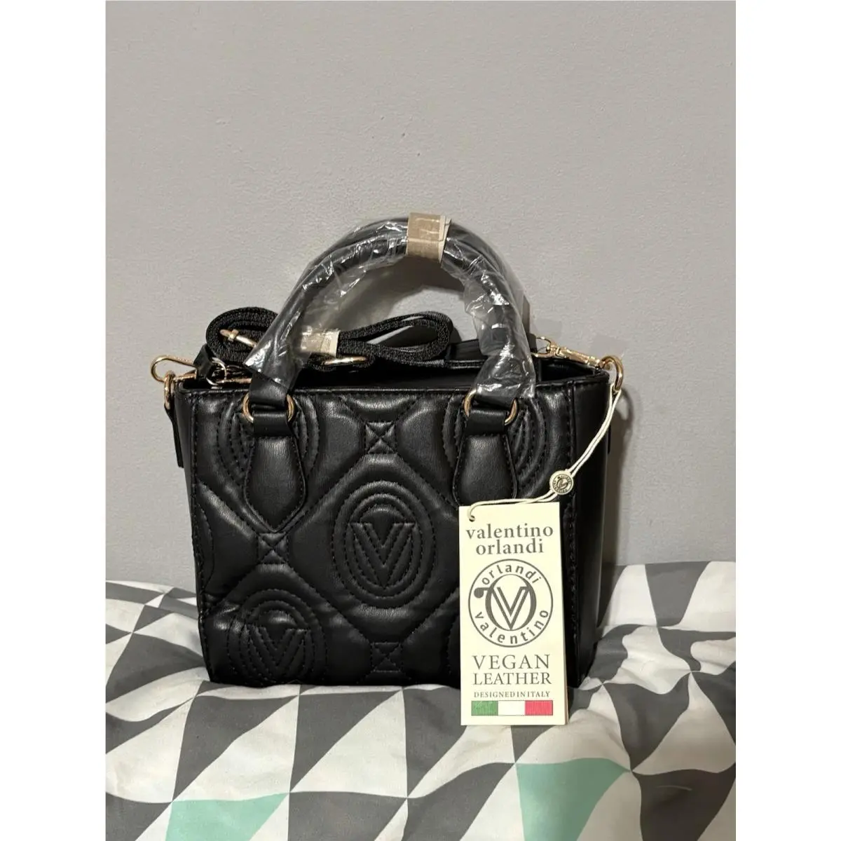 Valentino Orlandi Quilted Top Handles Bag W/crossbody Logo Wide Strap