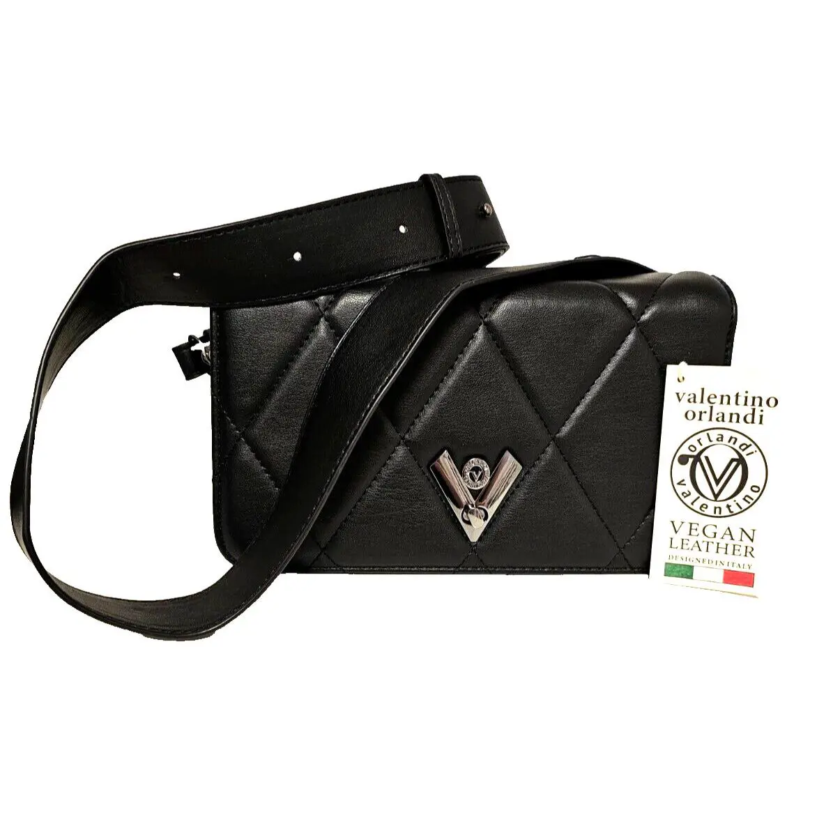 Valentino Orlandi Black W/gunmetal Diamond Quilted Crossbody Shoulder Bag