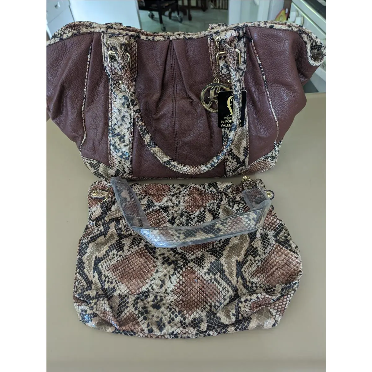 Fortuna Valentino Two Purse Set Brown/snakeskin Print W/ Dustbag