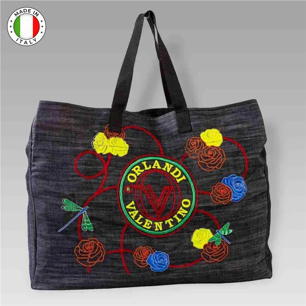 Valentino Designer Oversized Bag Expandable Beach Tote Embroidered Denim Orlandi