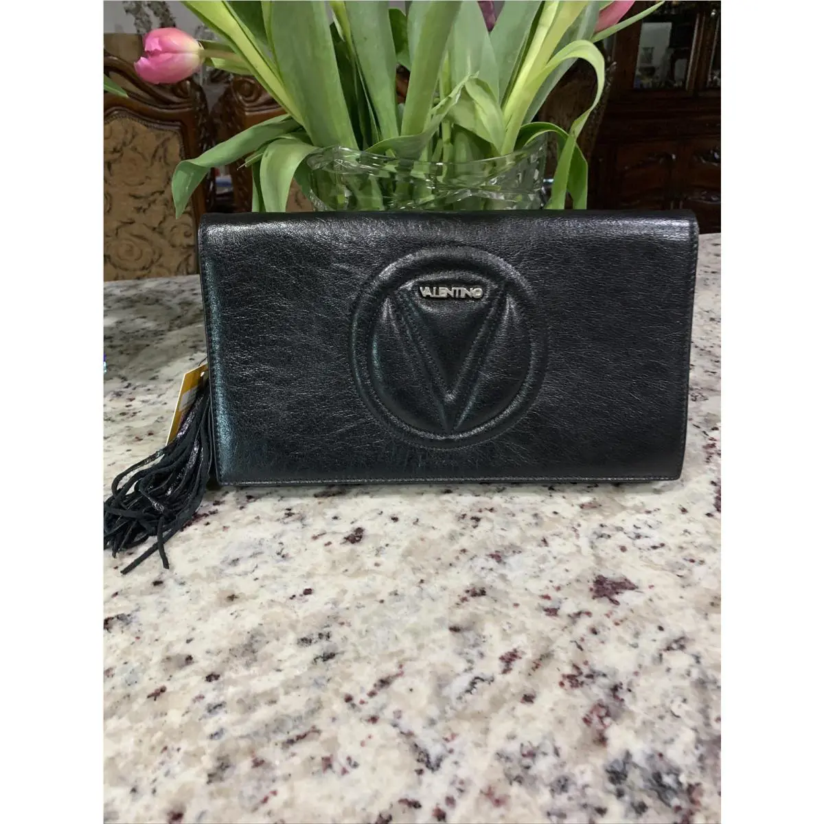 Valentino Black Leather Shoulder Clutch Crossbody Bag