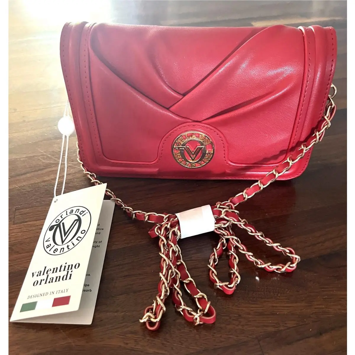 Valentino Orlandi Red Leather Crossbody Bag Gold Chain Strap Vegan Purs