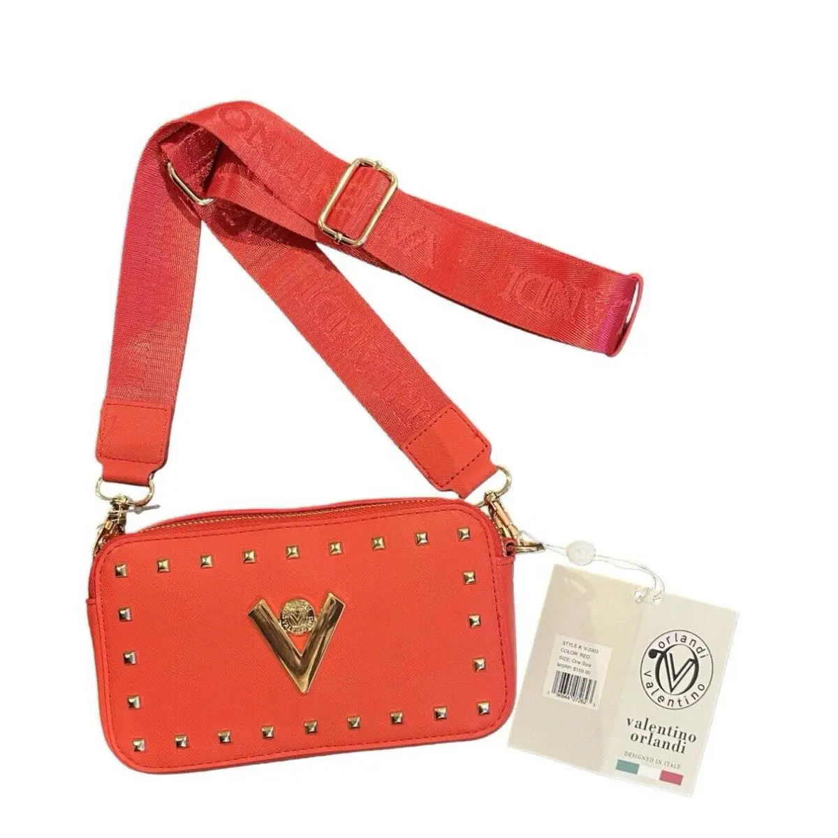 Valentino Orlandi V Logo Red W/gold Hardware Double Zip Camera Crossbody Bag