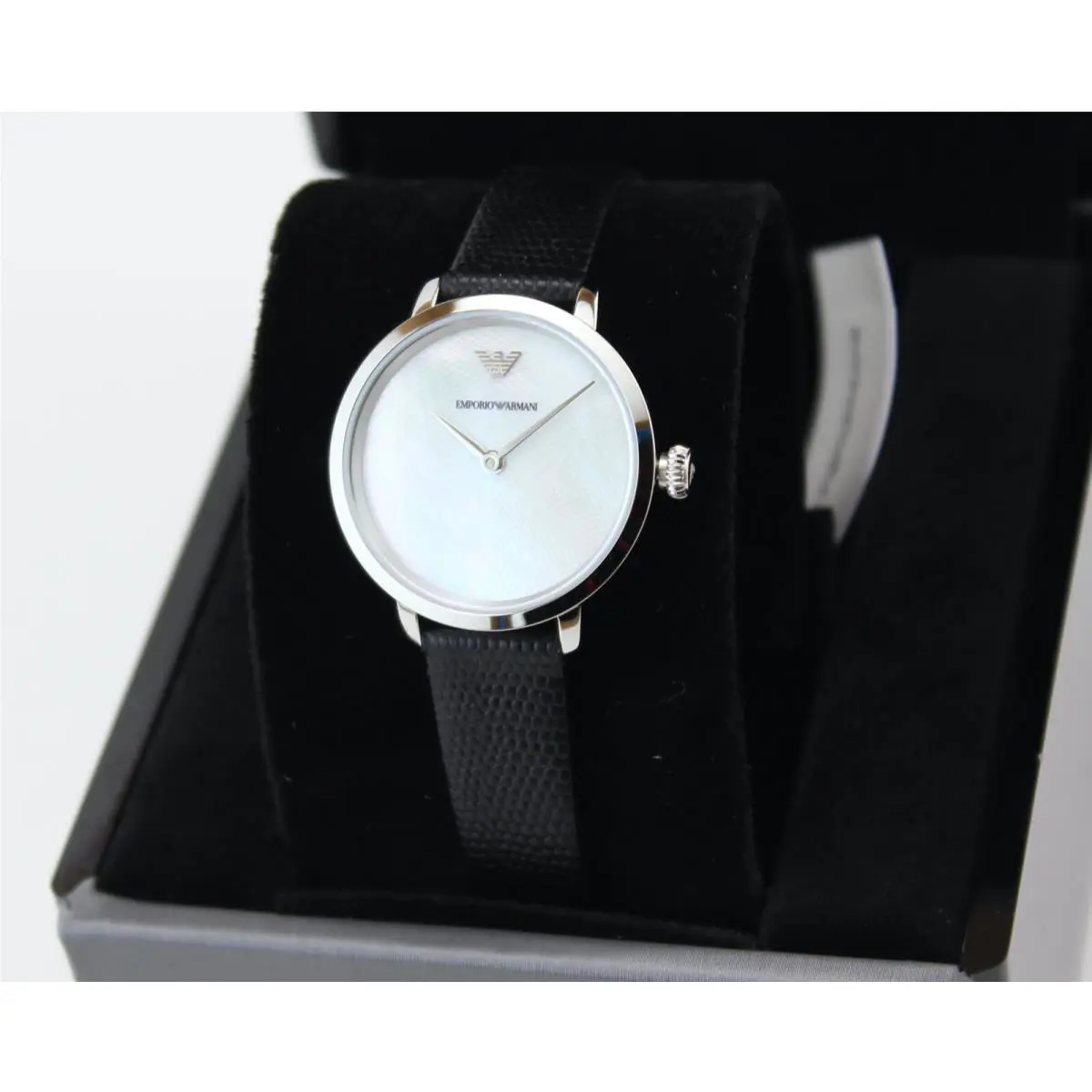 Emporio Armani Kappa Silver Black Leather Mop Womens AR11159 Watch