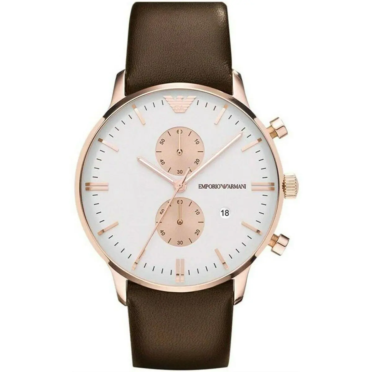 Emporio Armani AR0398 Chronograph Brown Leather Band Watch - Dial: White, Band: Brown