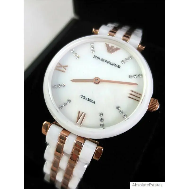 Emporio Armani Rose Gold White Ceramic Mop Dial Ladies Watch AR1489