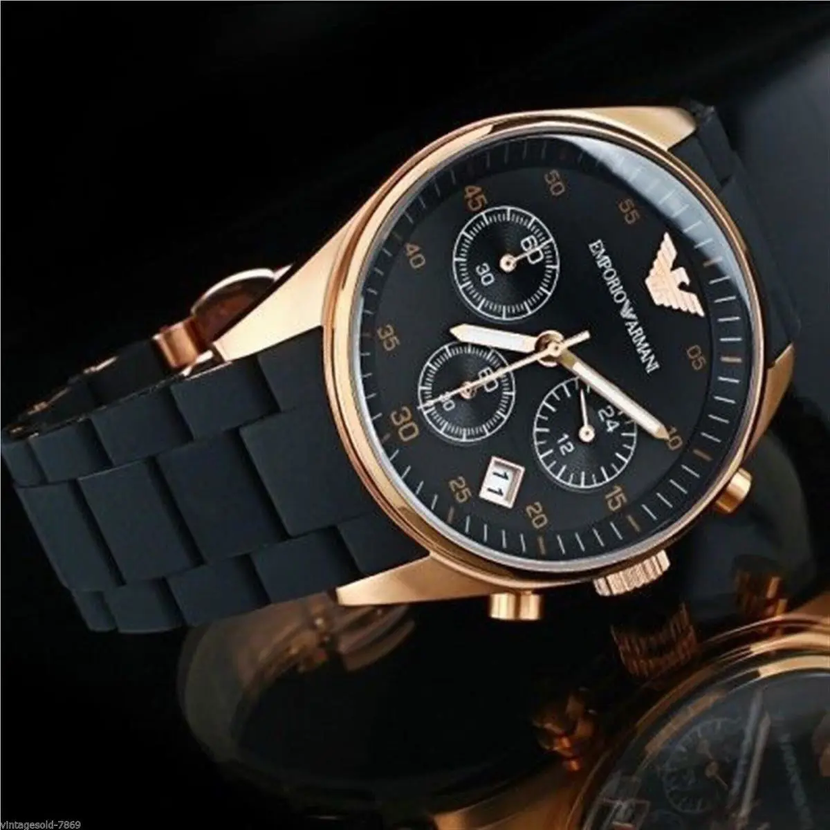 Emporio Armani AR5905 Black Rose Gold Chronograph Dial Men`s Watch 43mm Case
