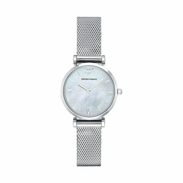Emporio Armani AR1955 Silver Tone White Mop Dial Mesh Bracelet Womens Watch