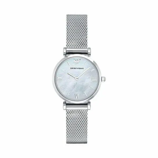 Emporio Armani Women`s Retro 32mm Quartz Watch AR1955 - Dial: Mother-of-Pearl, Band: Silver, Dial Family: White
