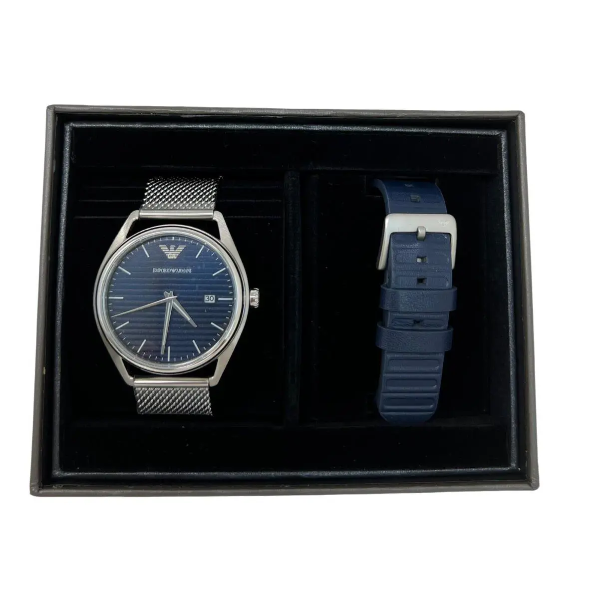 Men`s Date Silver Mesh Blue Leather Strap Watch Set AR80054 by Emporio Armani