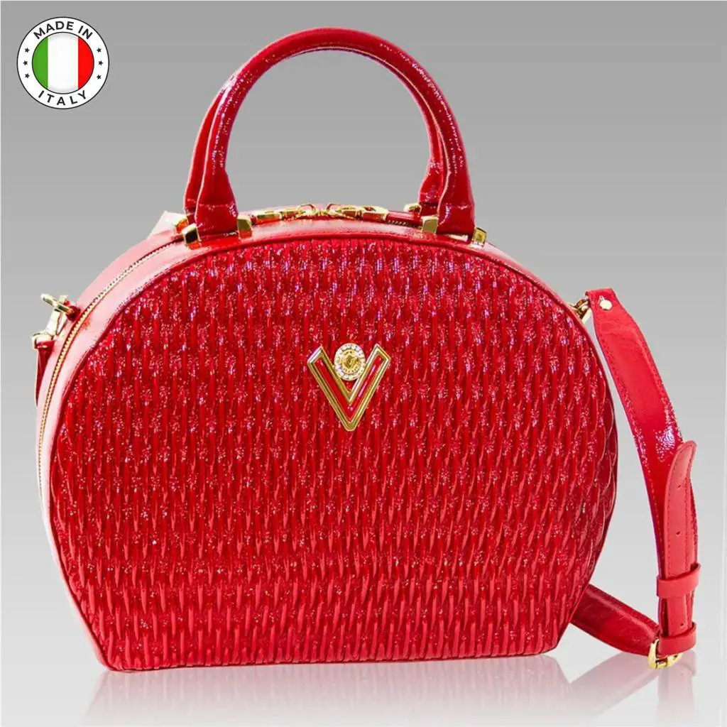 Valentino Designer Bowler Purse Red Quilted Lacquered Leather Large Bag Orlandi