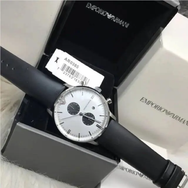 Emporio Armani AR0385 Silver Tone White Chrono Dial Black Leather Mens Watch