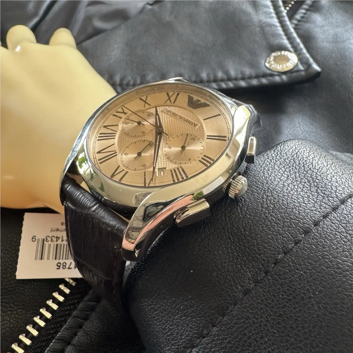 Emporio Armani AR1785 Champagne Dial Leather Strap Chronograph Men`s Watch