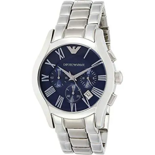 Emporio Armani AR1635 Classic Men`s Watch Silver Stainless Steel Blue Dial - Dial: Blue, Band: Silver, Bezel: Silver