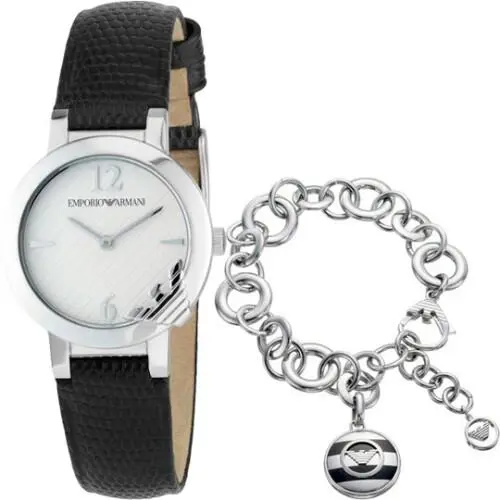 Emporio Armani AR8013 Leather Strap Watch and Charm Bracelet Gift Set - Dial: Silver, Band: Black