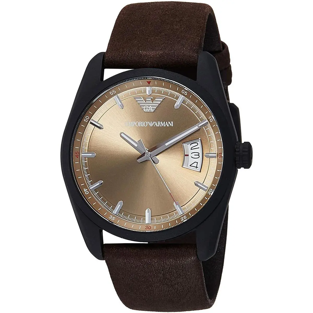 Emporio Armani AR6081 Black Case Beige Dial Brown Leather Strap Mens Sport Watch