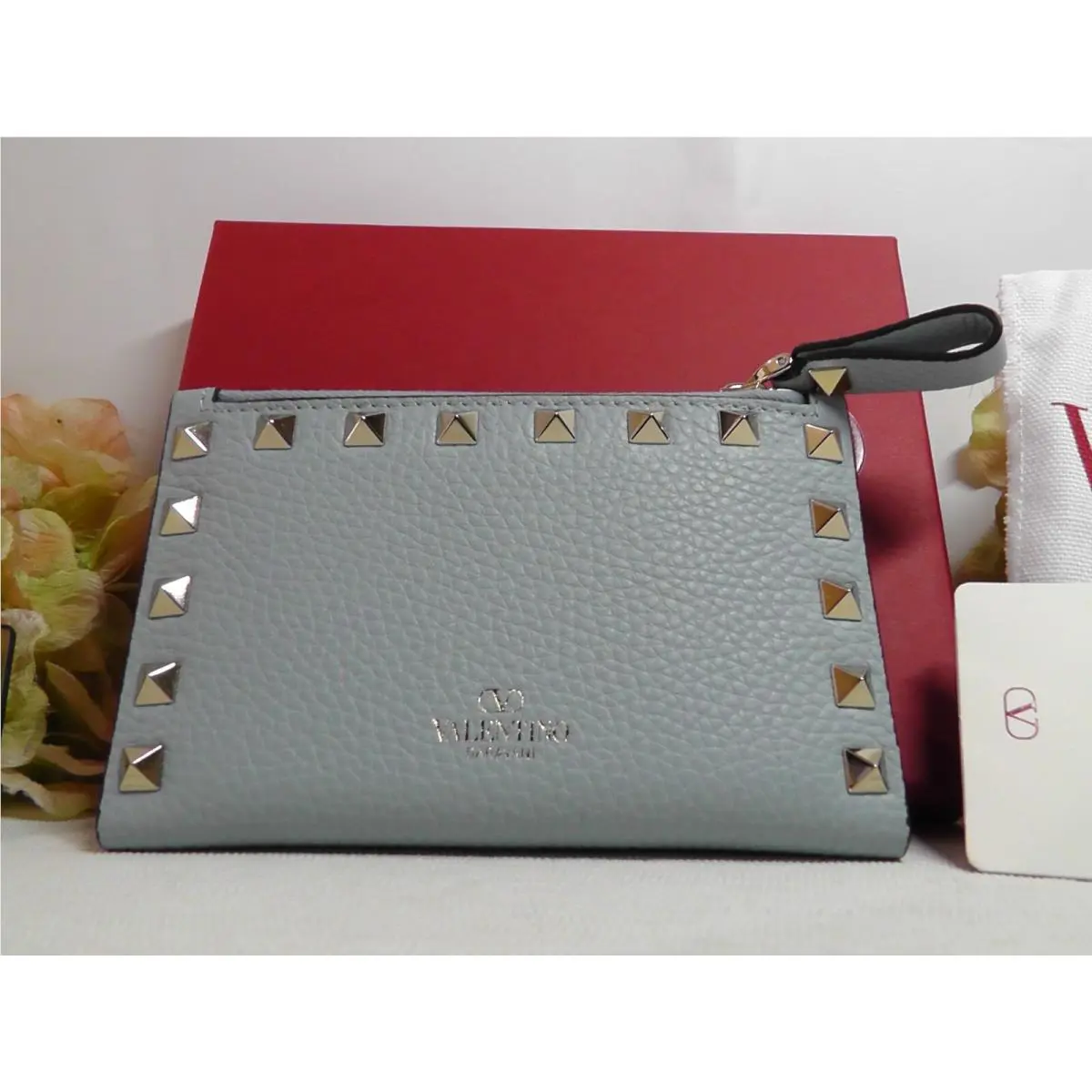Valentino Garavani Blue Porcellana Rockstud Leather Bifold Wallet