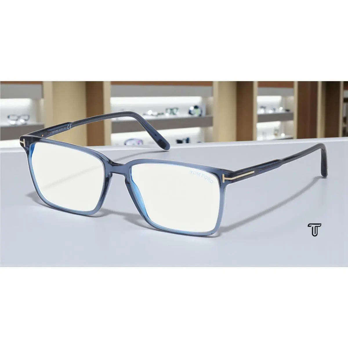 Tom Ford FT5696-B 090 Rectangular Shiny Blue Demo Lens 56 mm Men`s Eyeglasses