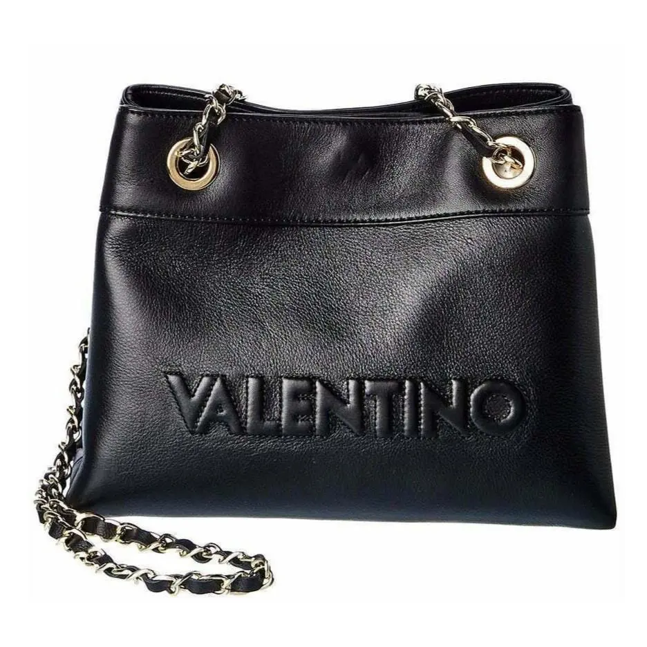 Valentino Rita VA2805 Gold Chain Shoulder Bag Black Real Leather Made IN Italy