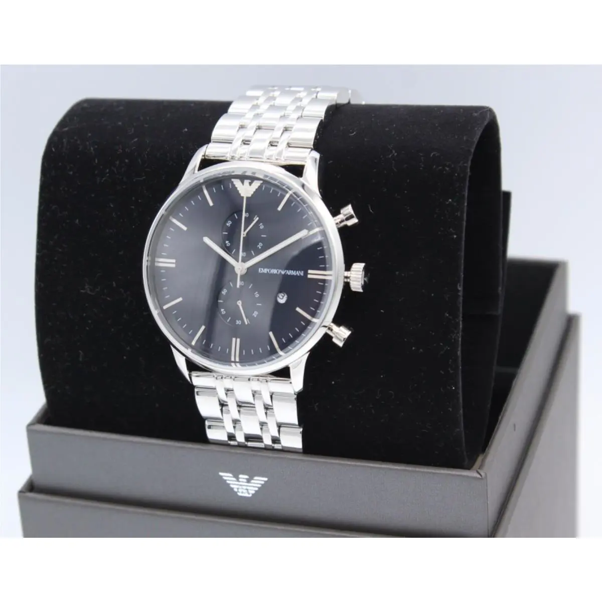 Emporio Armani Silver Navy Blue Chronograph AR1648 Men`s Watch