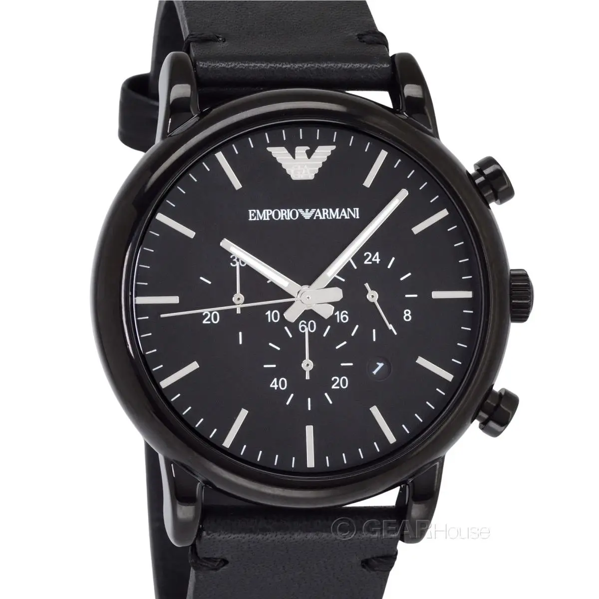 Emporio Armani Mens Black Dial Chronograph Watch Leather Strap Band - Dial: Black, Band: Black, Bezel: Black