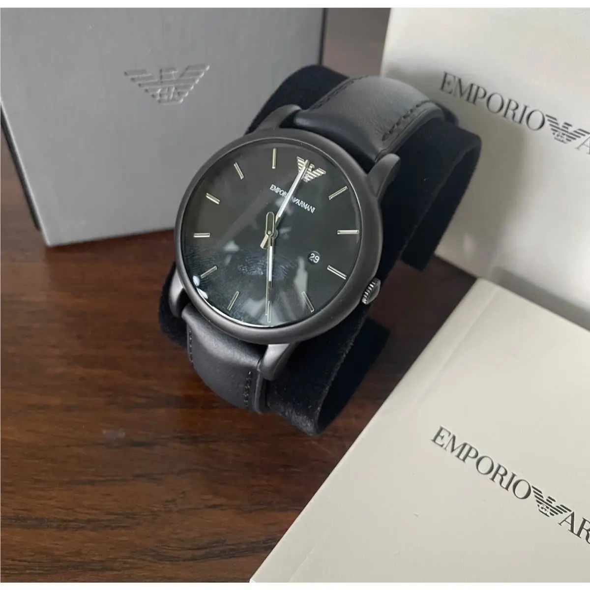 Emporio Armani Mens Classic Black Leather and Silicone Strap Watch AR1973