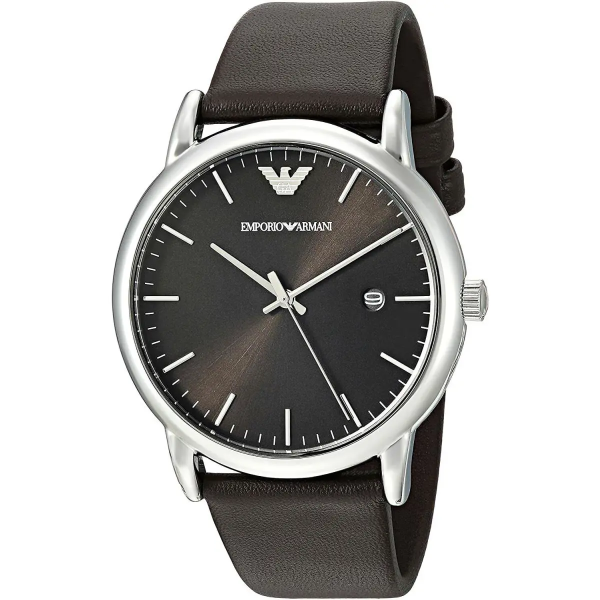 AR80008 Silver Tone Black Dial Brown Leather Strap Mens Watch by Emporio Armani