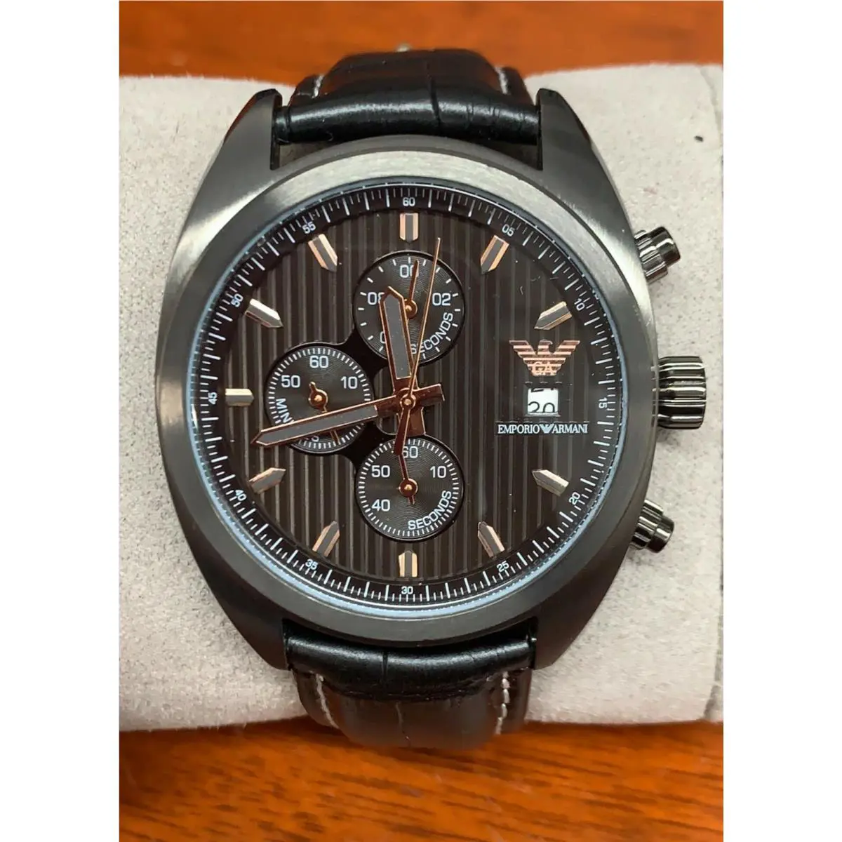 Emporio Armani Gunmetal Dial Black Leather Band Watch AR6127
