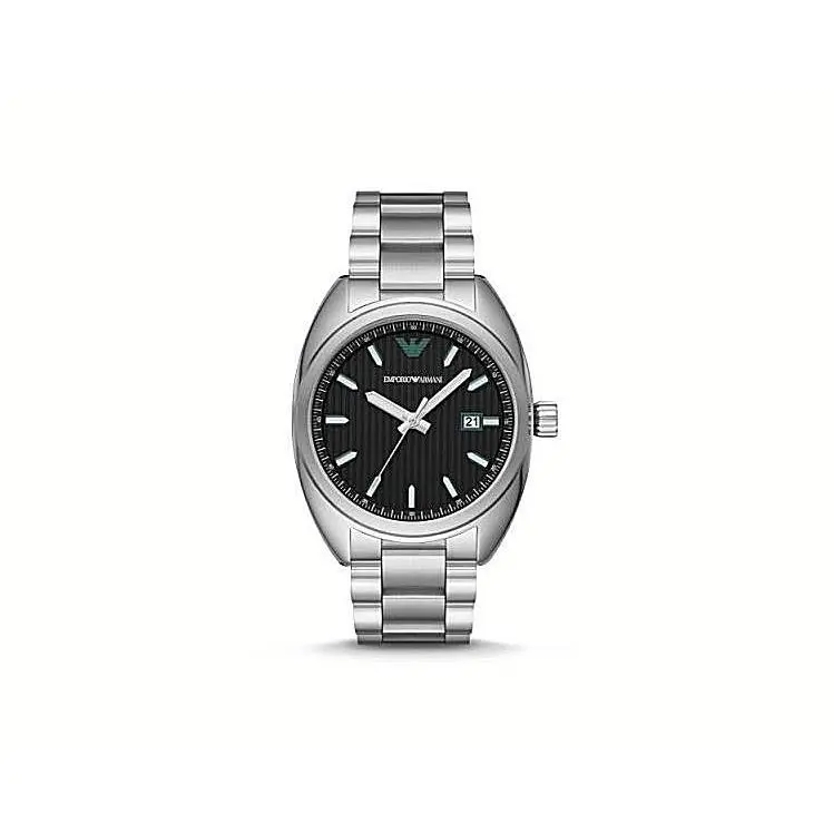 Emporio Armani Men`s Watch Silver SS Bracelet Green Logo Classic AR6129 - Dial: Black, Band: Silver