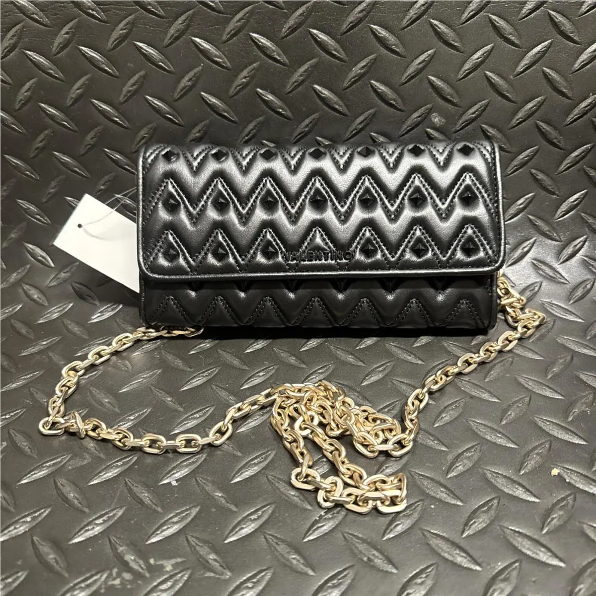 Valentino Julius Studded Flap Chevron Leather Pyramid Continental Wallet Black