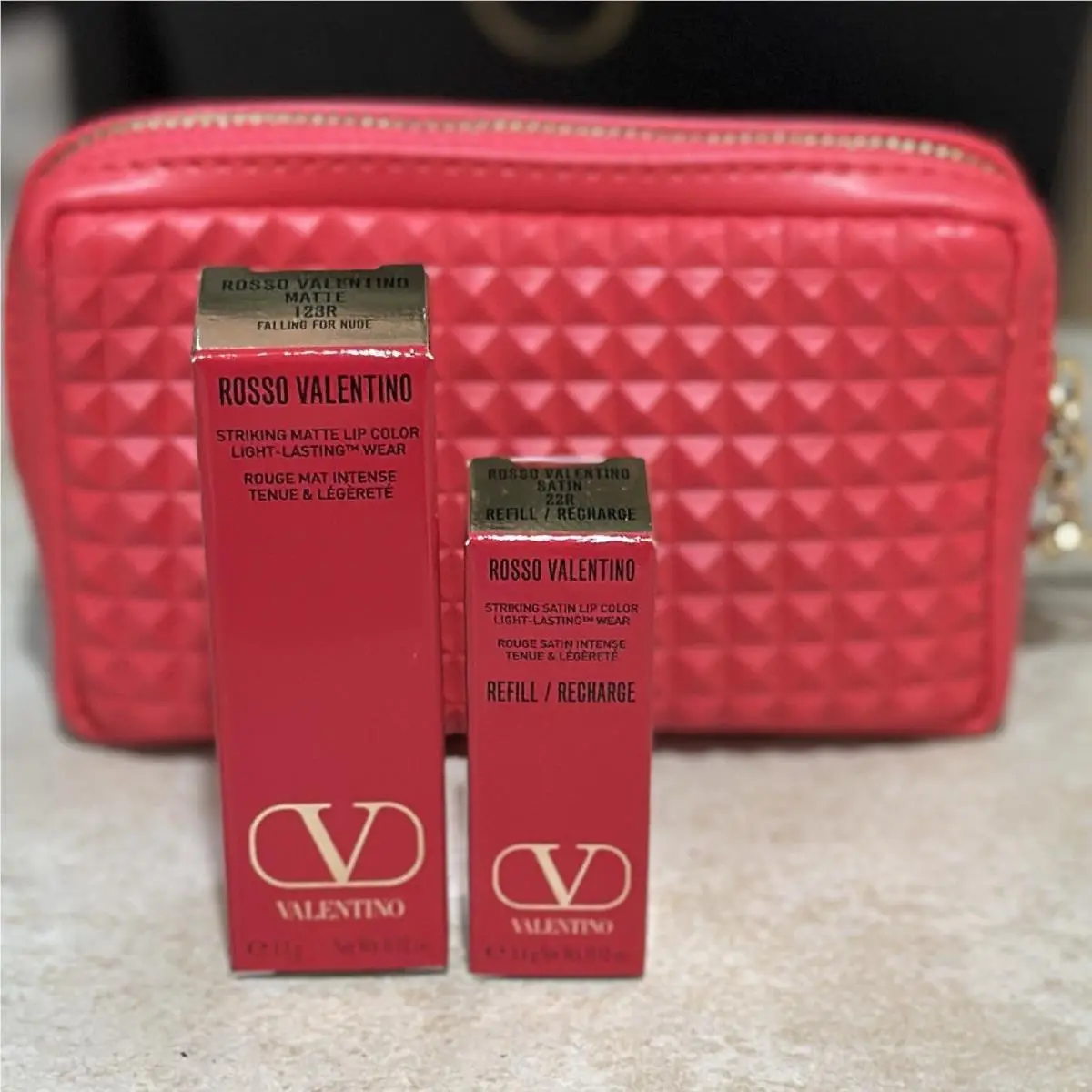 Valentino Beauty Rosso Lipstick Set w/ Bag – Matte 123R Falling For + Sat