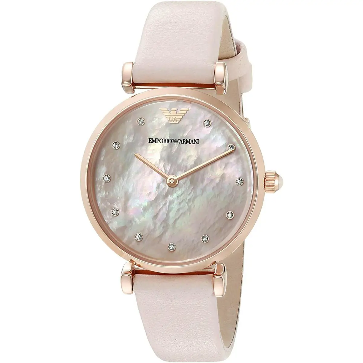 Emporio Armani AR1958 Retro Rose Gold Tone Pink Mop Dial Leather Womens Watch