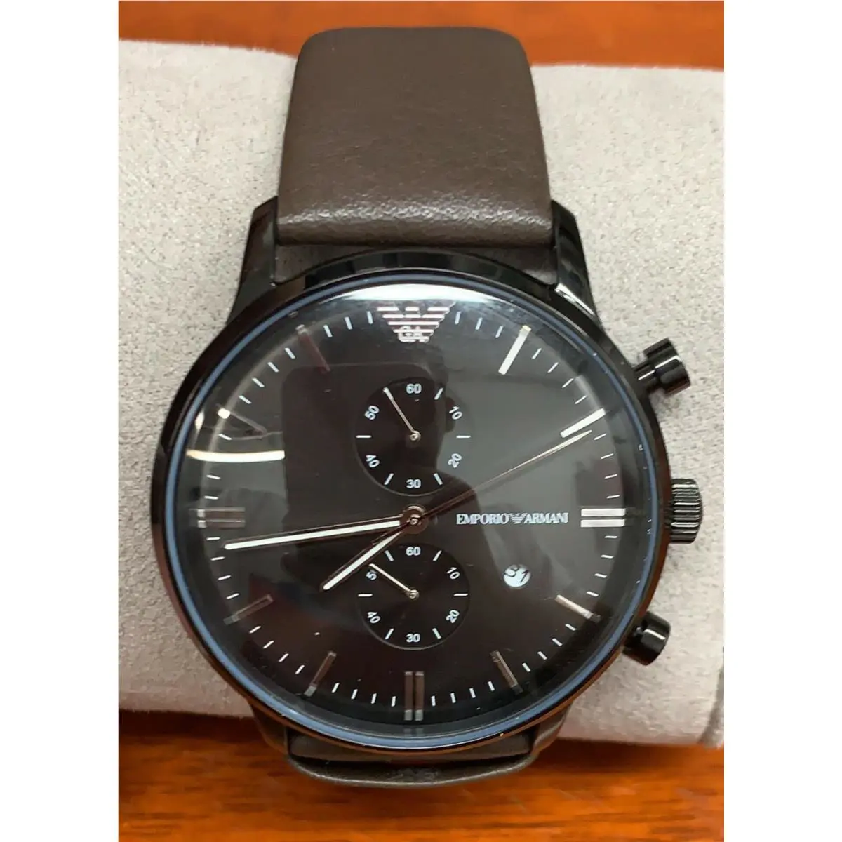 Emporio Armani AR1932 Retro Gunmetal Dial Leather Strap Chronograph Men`s Watch