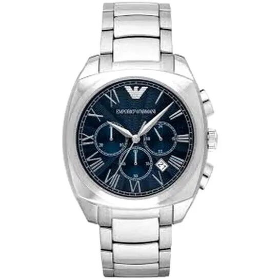 Emporio Armani Men Chronograph Silver S/steel Watch AR1938 44mm Blue Dial Roman - Dial: Blue, Band: Silver