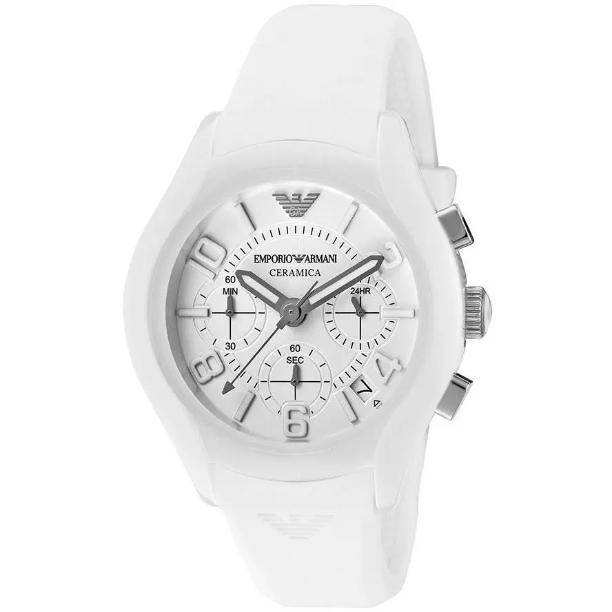 Emporio Armani Ceramica AR1431 White Silicone Band Chronograph Date Watch