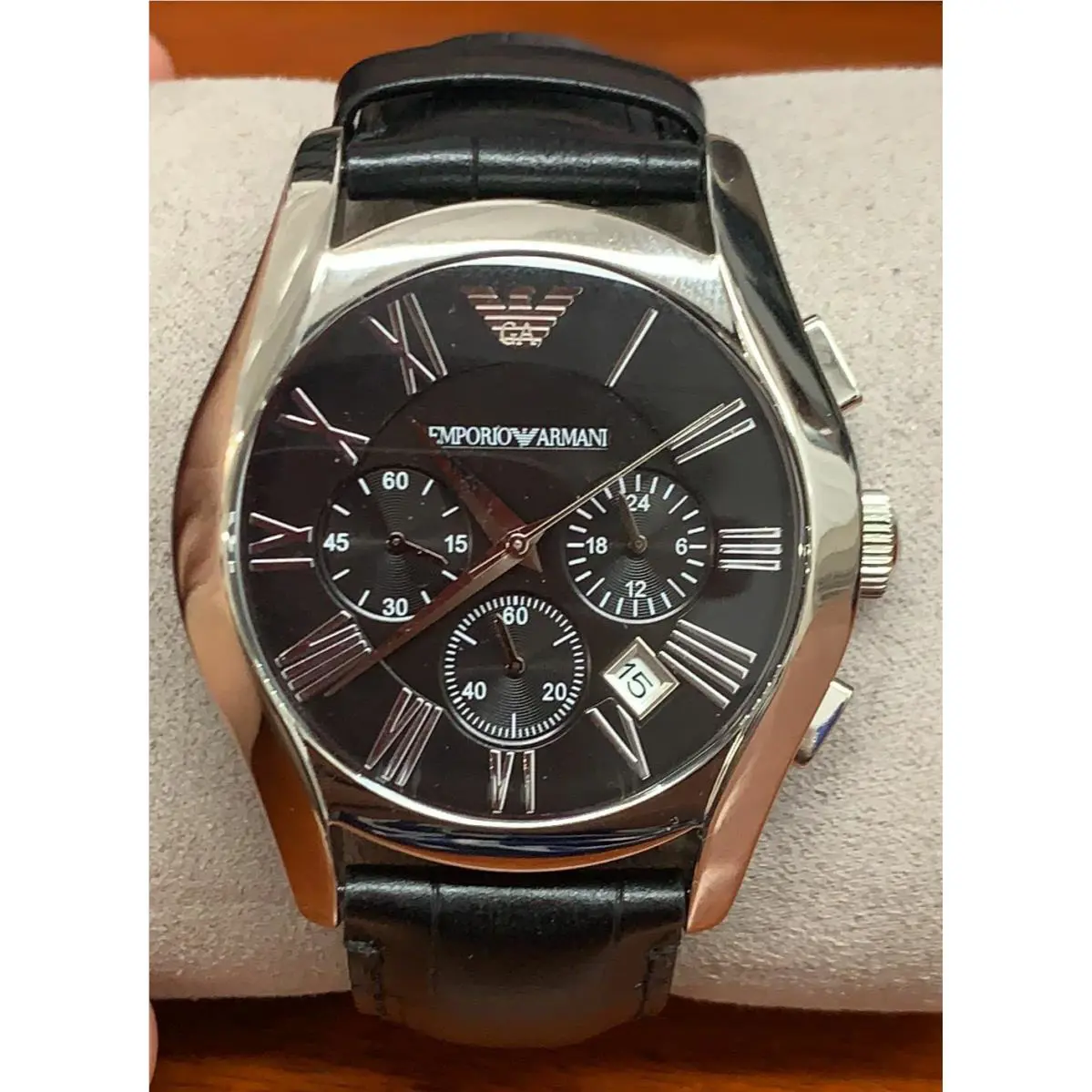 Emporio Armani AR1633 Classic Black Dial Leather Strap Chronograph Men`s Watch