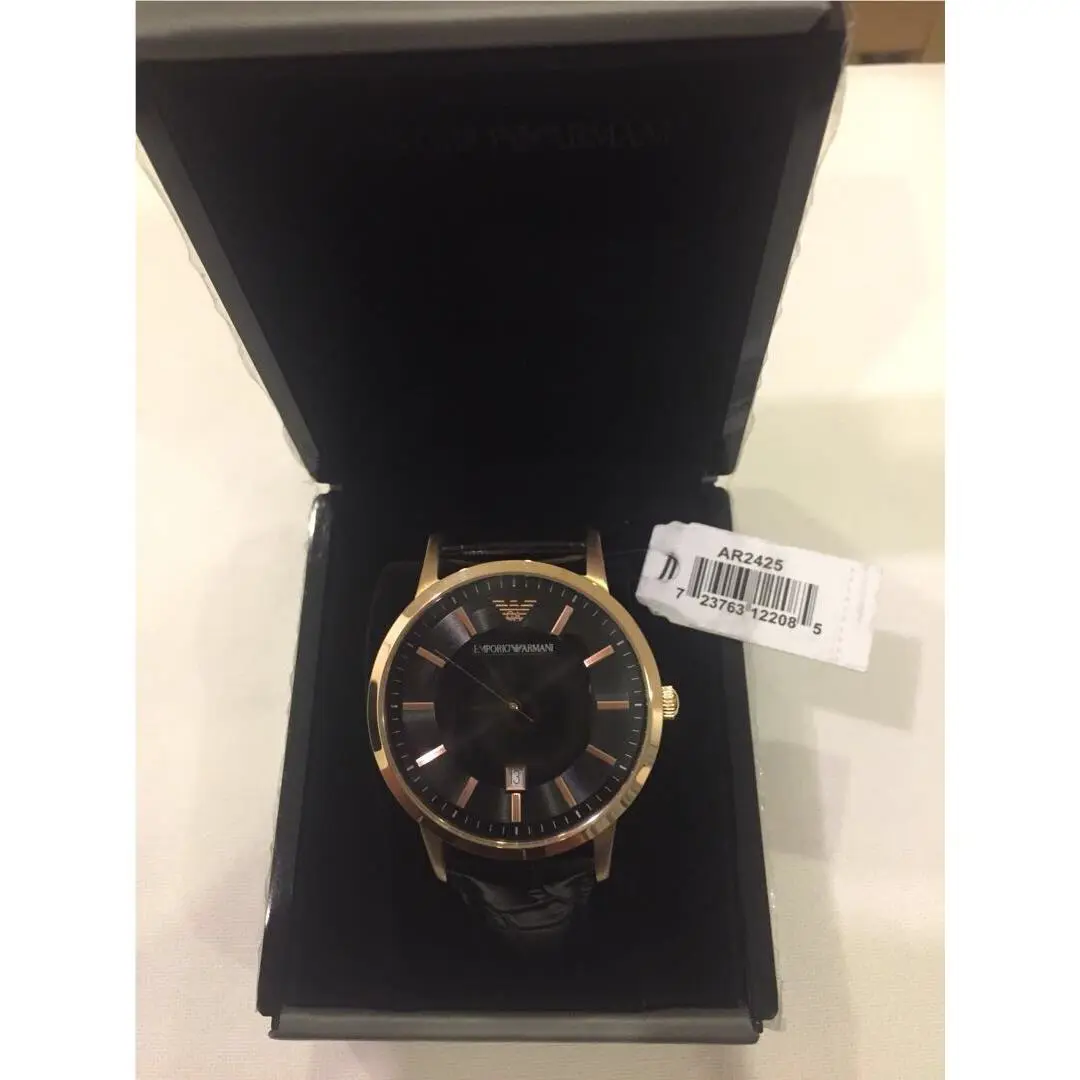 Emporio Armani AR2425 Rose Gold Tone Black Dial Black Leather Strap Mens Watch