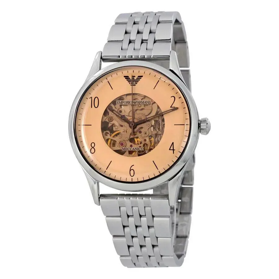 Emporio Armani AR1922 Automatic Skeleton Dial Stainless Steel Men`s Watch - Dial: Beige, Amber, Band: Silver, Bezel: Silver