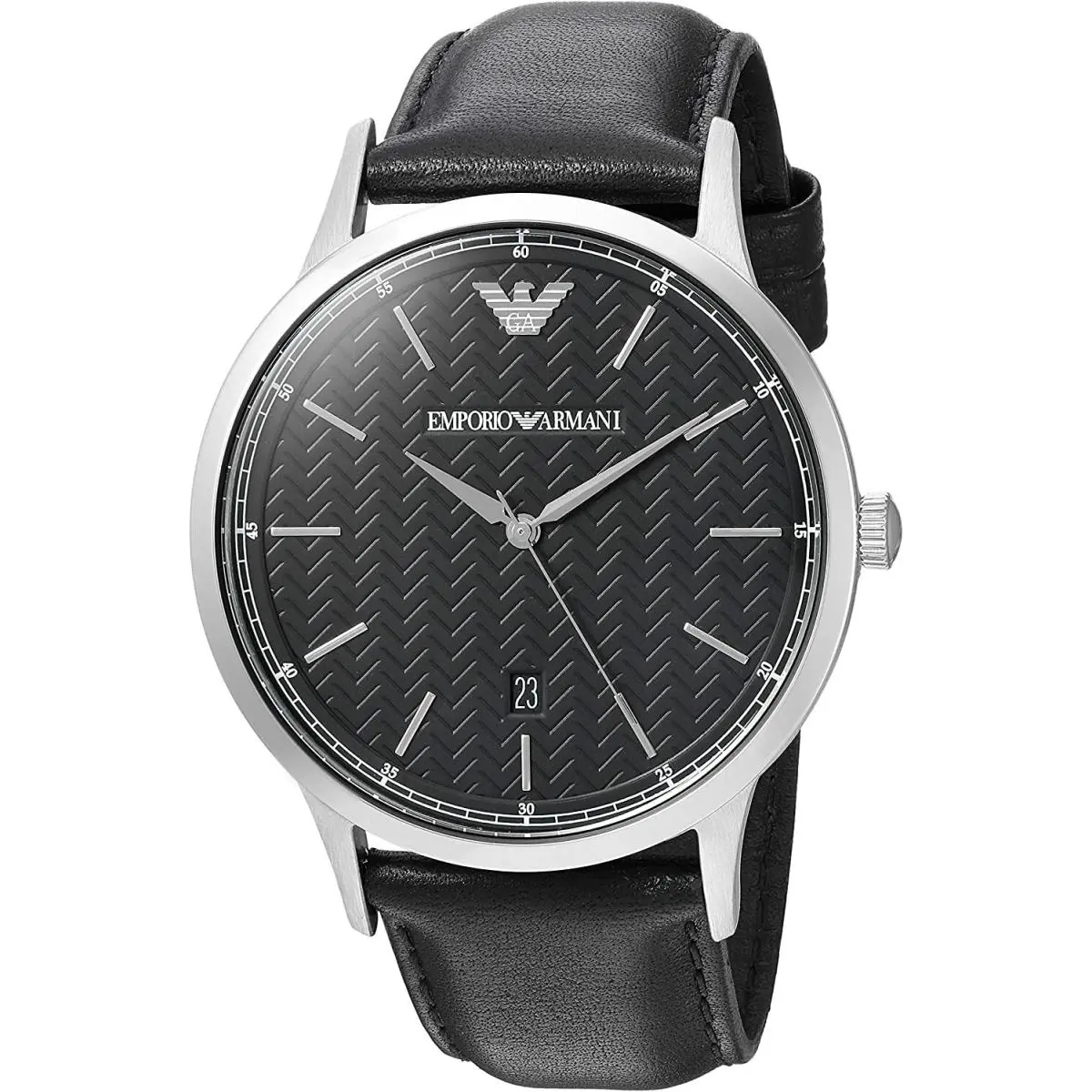 AR8035 Silver Tone Black Dial Black Leather Strap Mens Watch by Emporio Armani