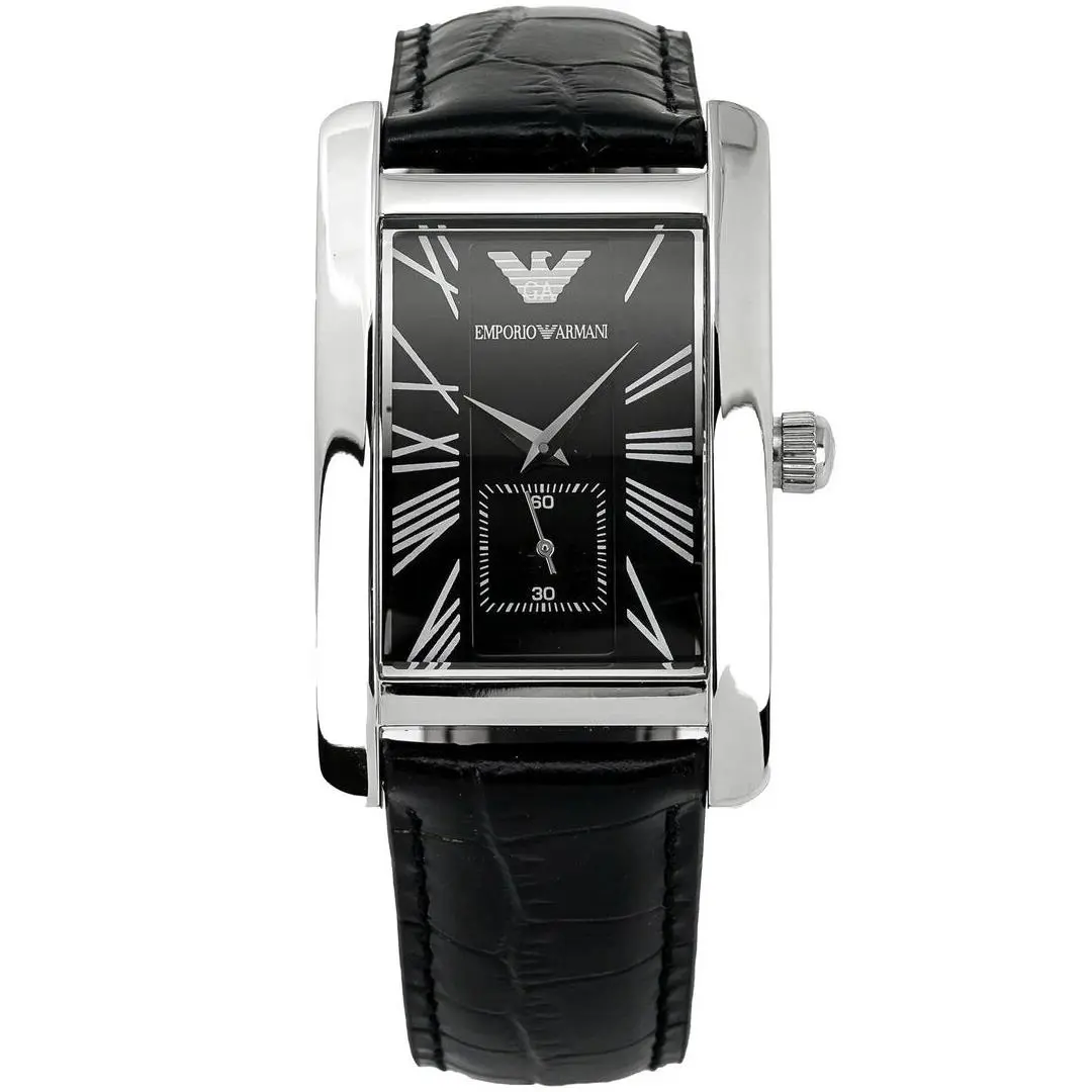 Emporio Armani AR0143 Black Dial Leather Strap Rectangular Men`s Watch