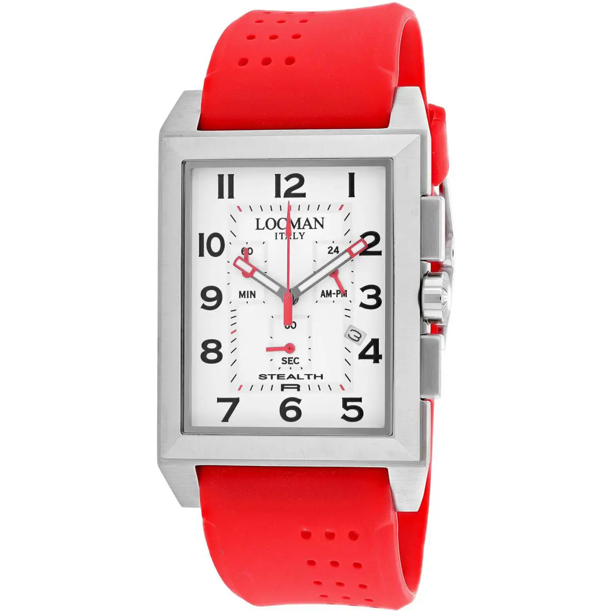 Locman Men`s Watch Stealth Chronograph White Dial Red Rubber Strap 242WH2BK/RD by Locman Italy