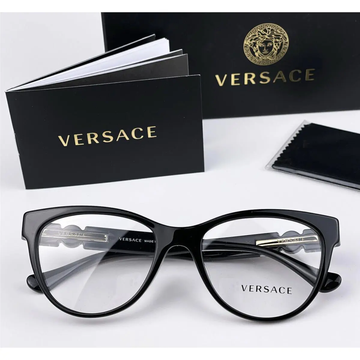 Versace Reading Glasses VE 3304 GB1 53-18 Black Gold Cateye Frames Readers