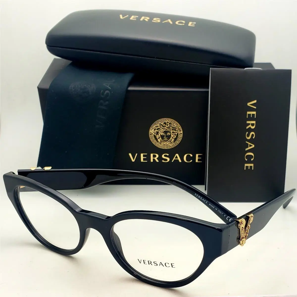 Versace Reading Glasses VE 3282 GB1 53-19 Black Gold Cateye Frames Readers