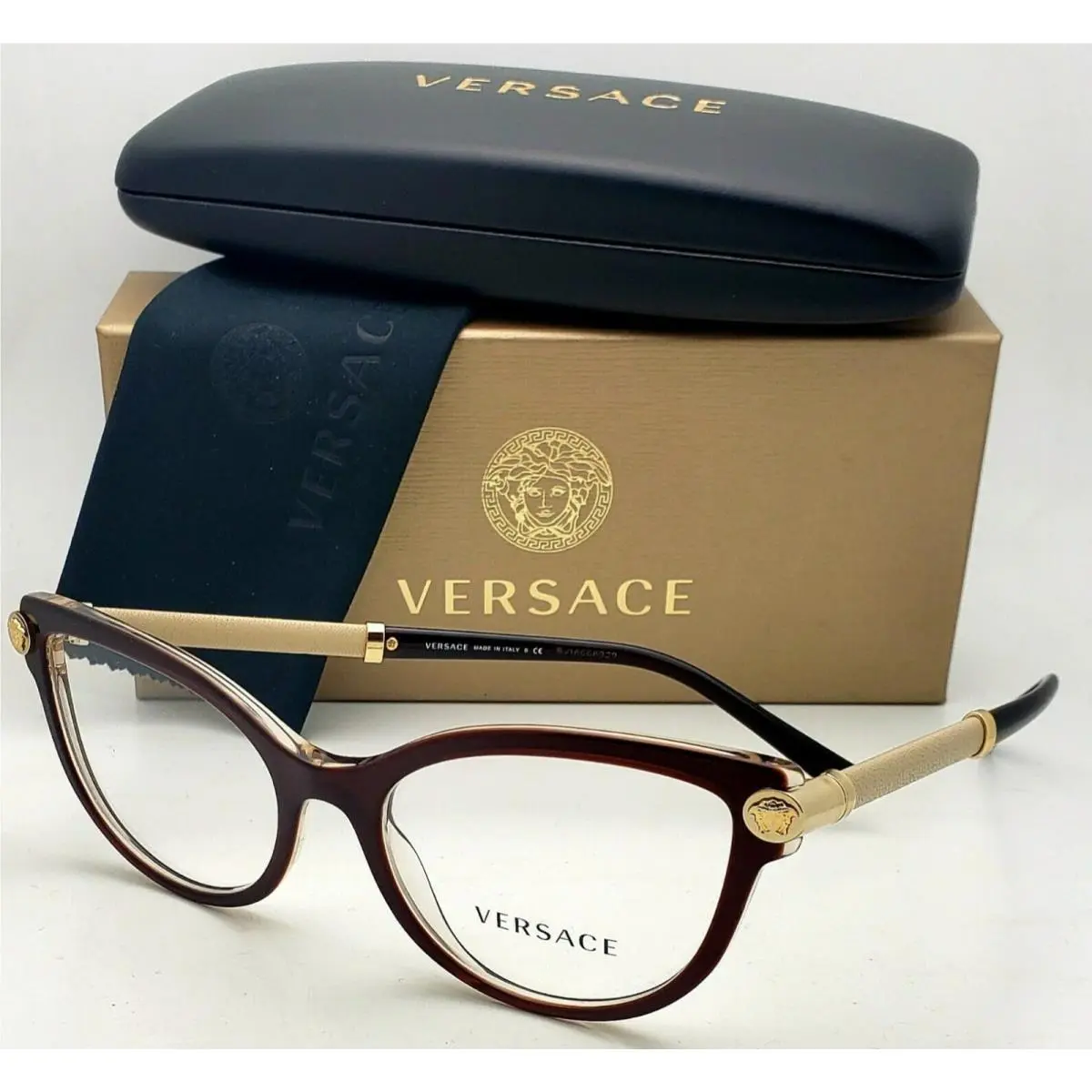 Versace Reading Glasses VE 3270-Q 5300 54-17 Brown Tan Frames Cateye Readers
