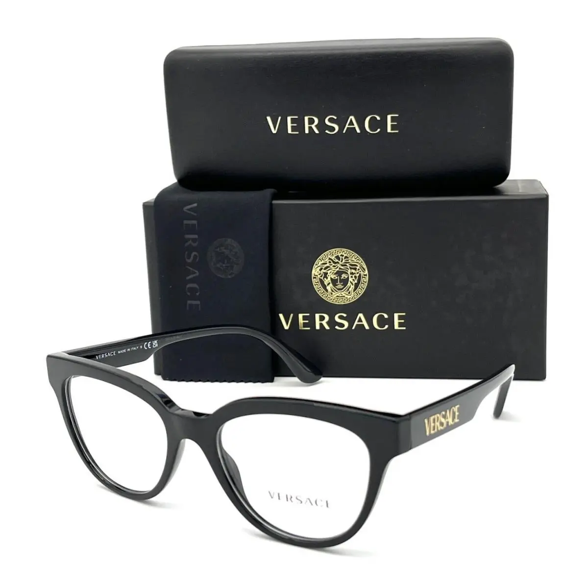 Versace Reading Glasses Mod. 3315 GB1 54-18 145 Black Gold Cat Eye Readers